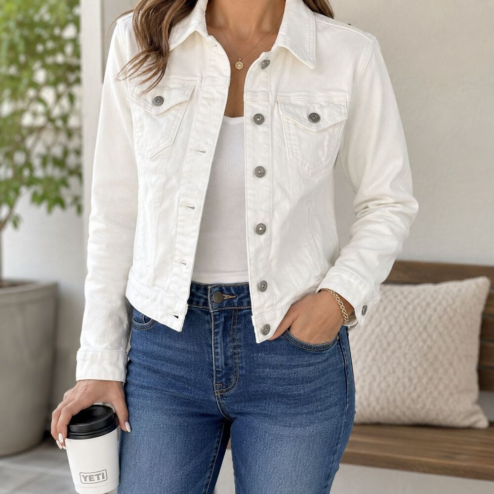 Time and Tru White Denim Jacket Medium Rhinestone Butterfly
